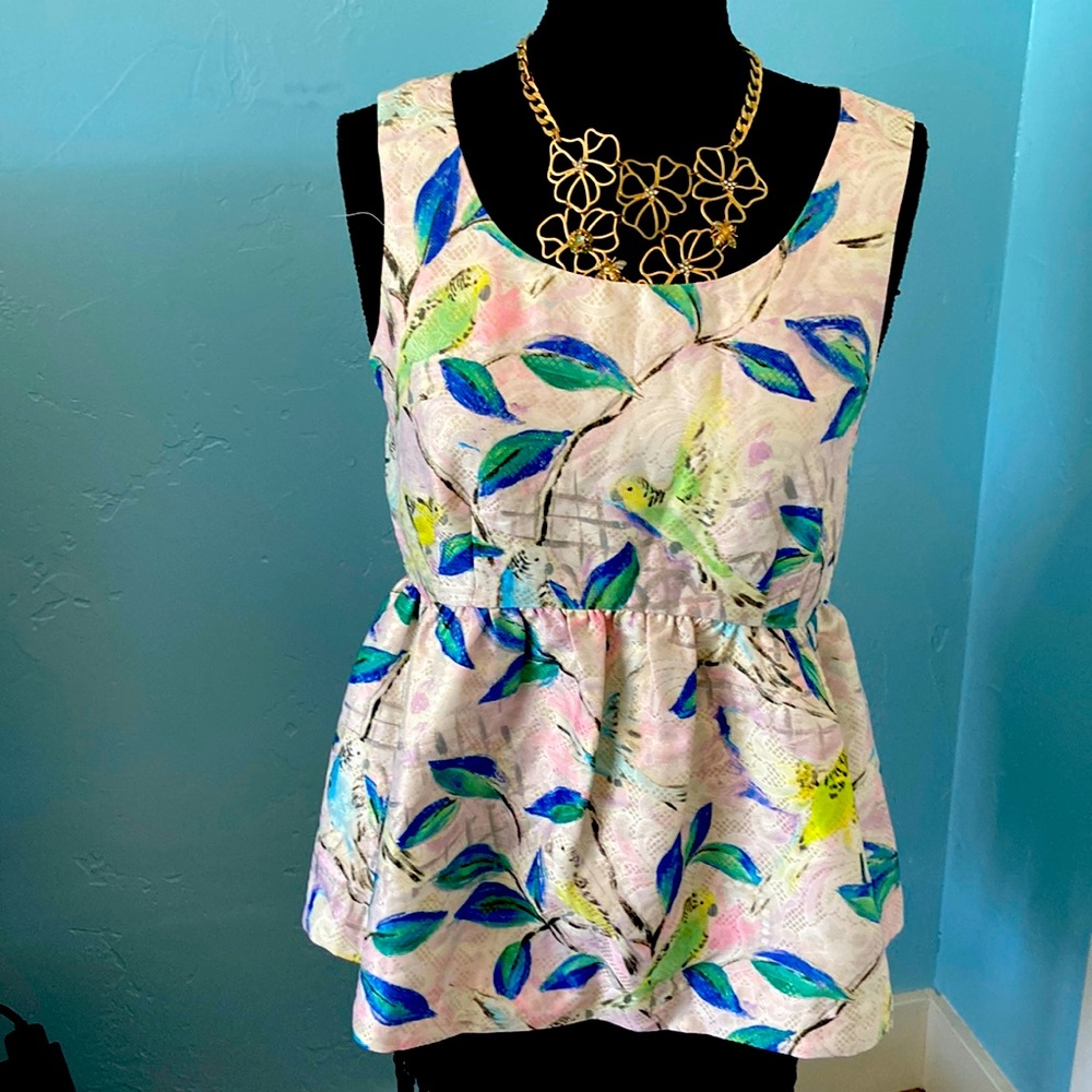 Leifsdottir peplum top - size 10 with parakeets design- so cute